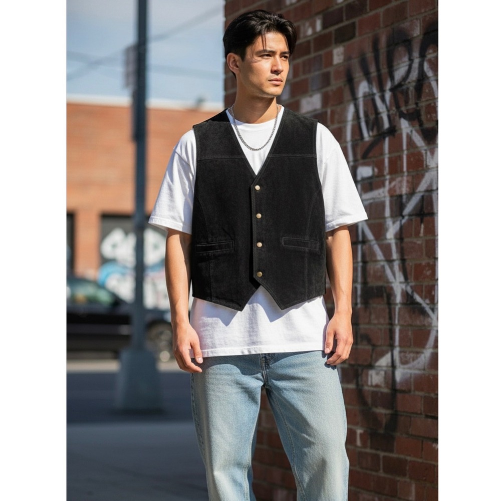 Vintage Basic Editions Mens Black Vest‎ Size XL 100% Genuine Leather